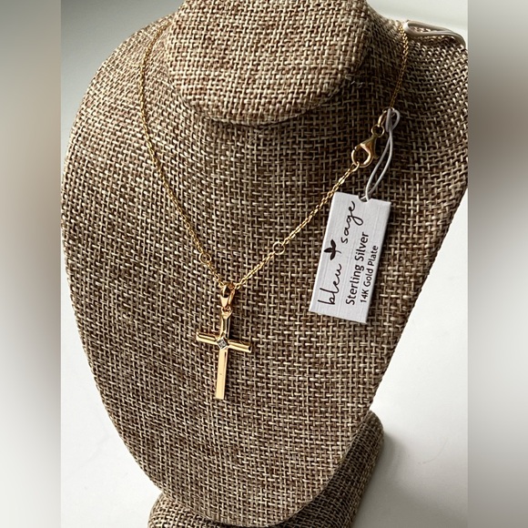 Blue Sage Sterling Silver 925 14K Gold Plated Crystal Cross Necklace NWT - Picture 4 of 14